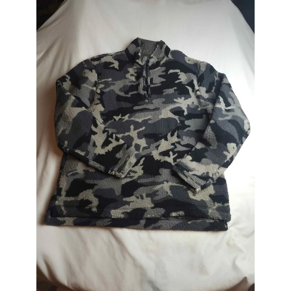 Wrangler Mens Grey Black Camo Sherpa Fleece Quarter Zip Pullover Large
